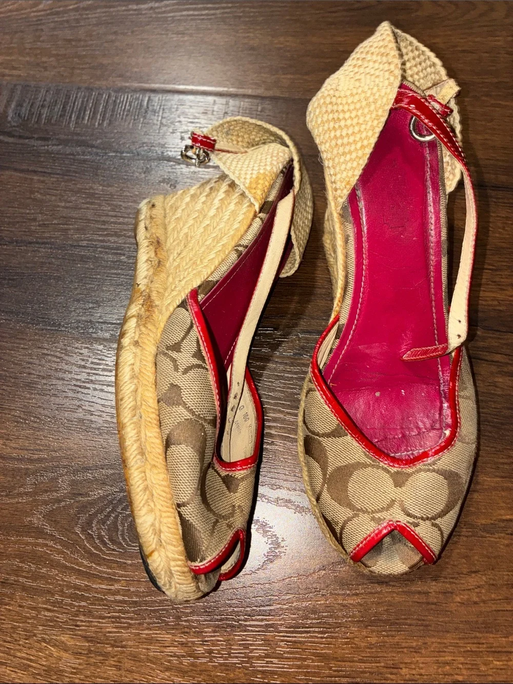 Y2K Coach Tan Signature Canvas Espadrille Wedges with Raspberry Trim SZ 8